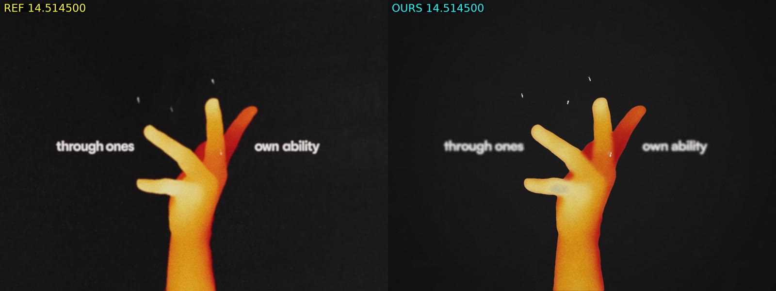 Side-by-side frame of the hand shot: the reference on the left and the recreation on the right.