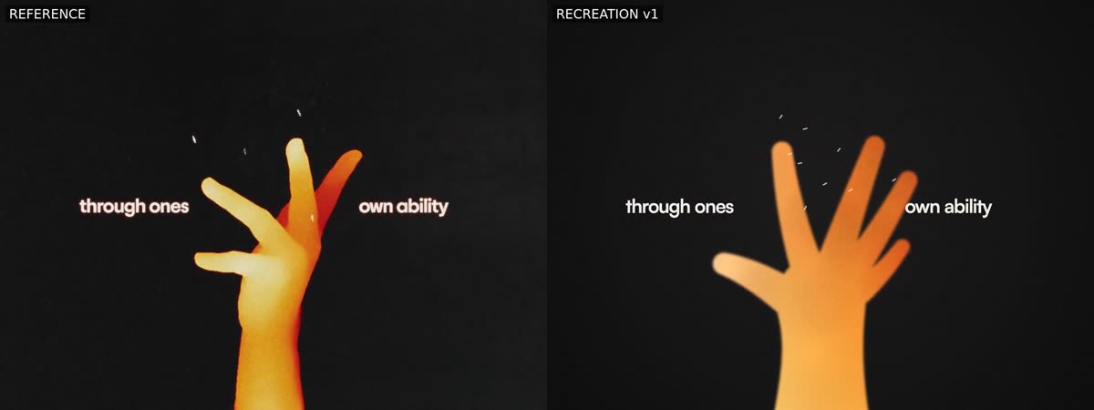 Side-by-side frame of the hand shot: the reference on the left and the recreation on the right.