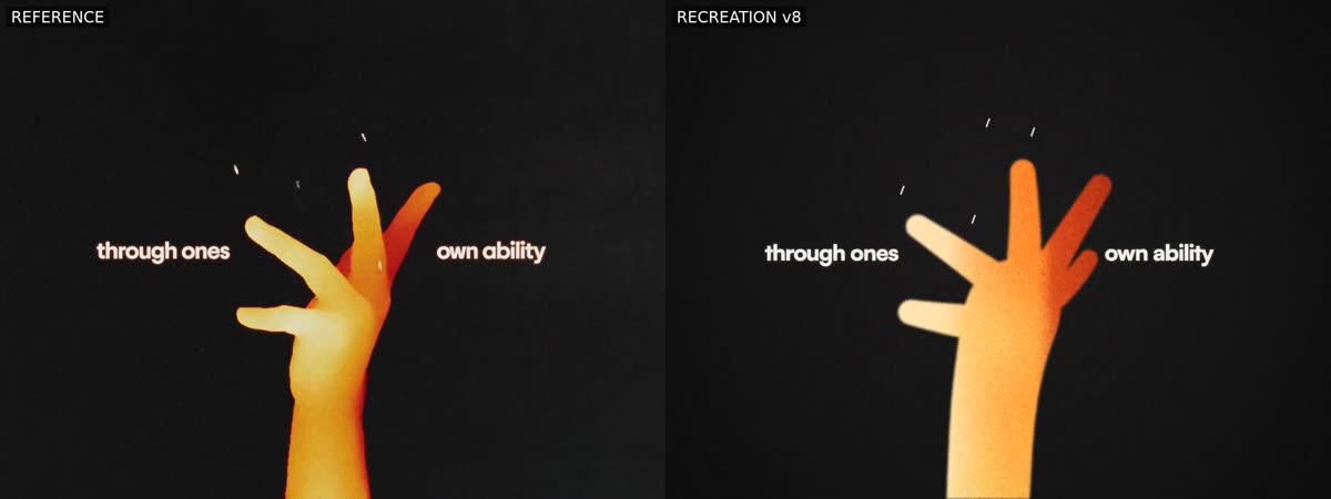 Side-by-side frame of the hand shot: the reference on the left and the recreation on the right.