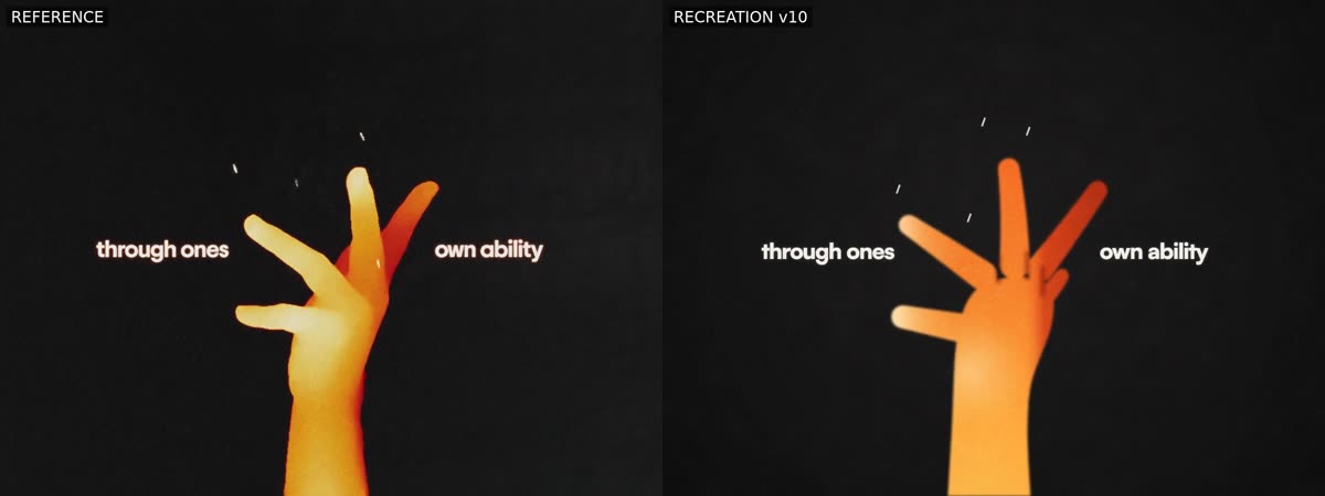 Side-by-side frame of the hand shot: the reference on the left and the recreation on the right.