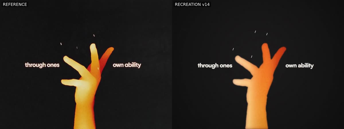 Side-by-side frame of the hand shot: the reference on the left and the recreation on the right.